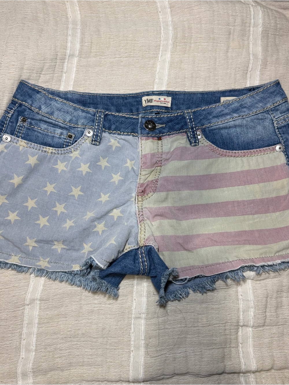 YMI Women's American Flag Denim Shorts in Light Blue and Faded Red